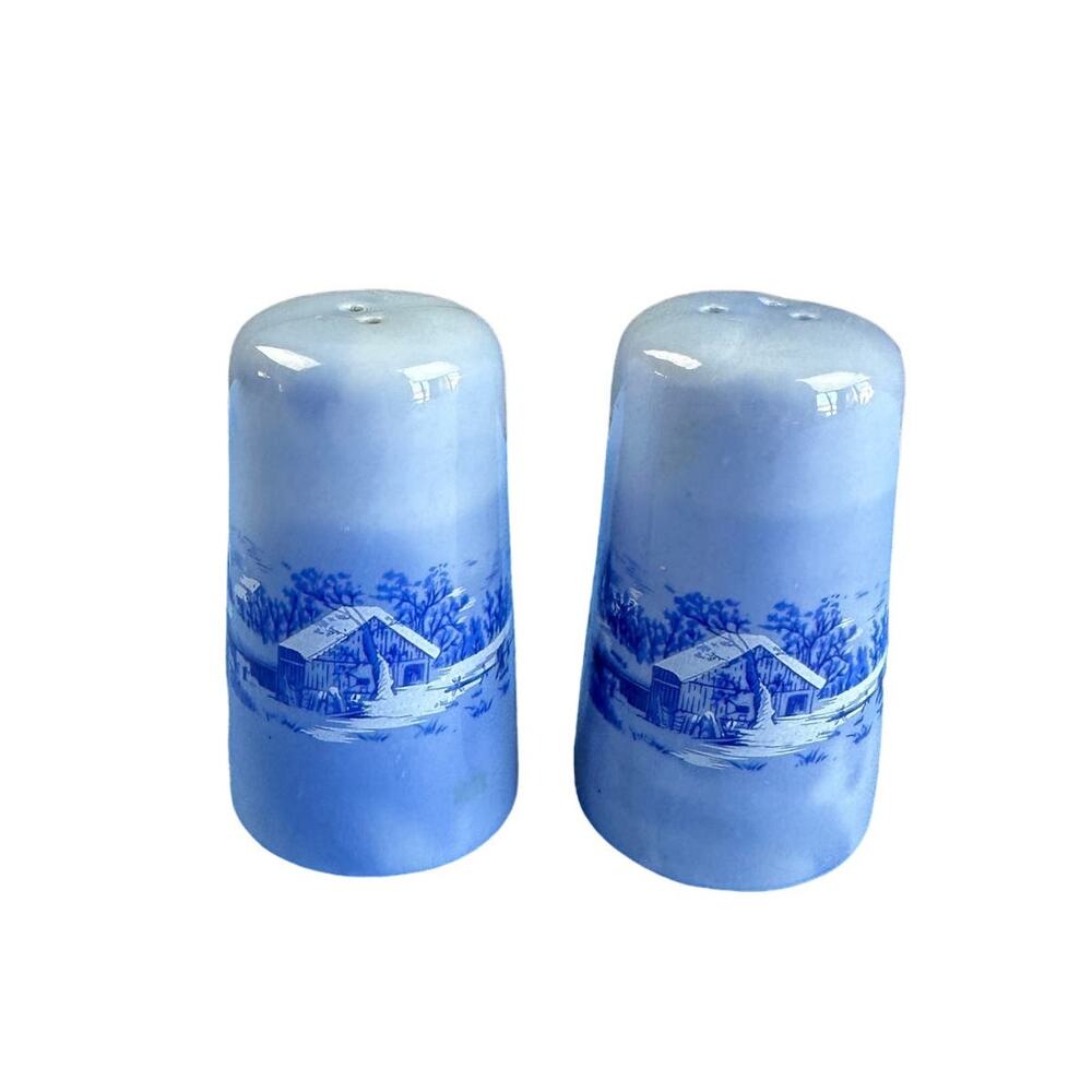 Vintage Blue Porcelain Salt & Pepper Shakers Hand Painted Winter Scene Taiwan